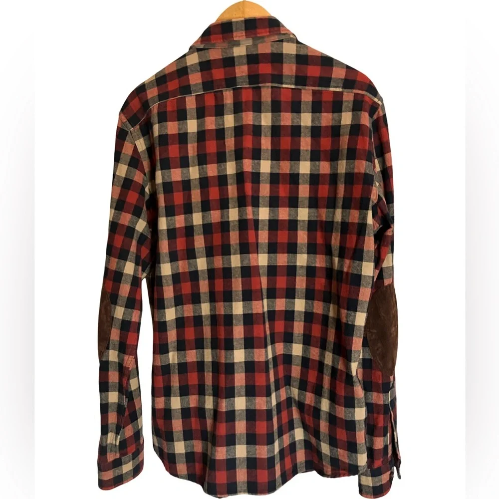J. Crew Merchantile Flex L Rugged Suede Elbow Patch Plaid Tan Navy Rust Shirt